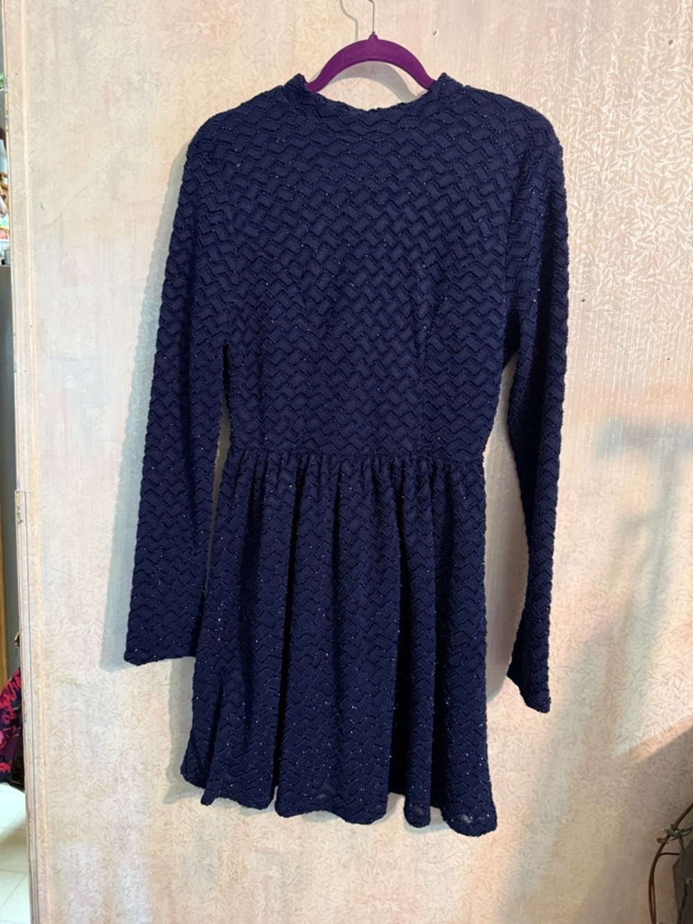 Altar'd State Navy Blue Sparkly Two Button Neck Closure Long-Sleeve Midi Dress M